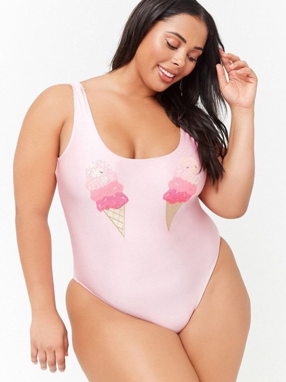 Forever 21 Plus Size Pink Ice Cream Cone One-Piece Swimsuit 0X/XL